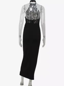 Robe longue dos nu en dentelle transparente patchwork pour femme - Robe sirène moulante noire sexy - Robe de soirée d'été formelle 2026