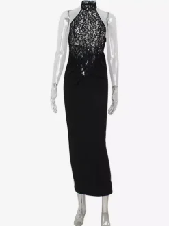 Robe longue dos nu en dentelle transparente patchwork pour femme - Robe sirène moulante noire sexy - Robe de soirée d'été formelle 2026
