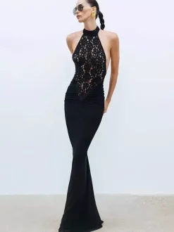 Robe longue dos nu en dentelle transparente patchwork pour femme - Robe sirène moulante noire sexy - Robe de soirée d'été formelle 2026