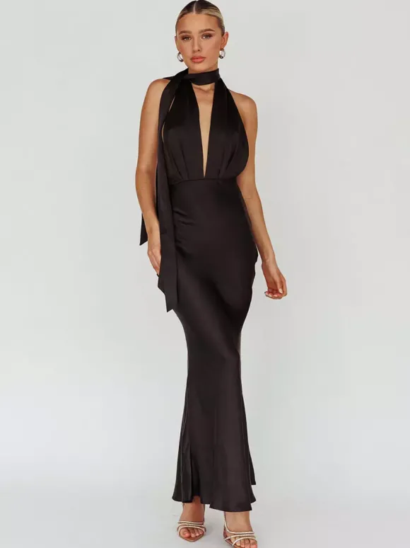 Robe longue dos nu en satin pour femme - Élégante robe sirène dos nu à décolleté plongeant et foulard - Invitée à un mariage d'été 2026