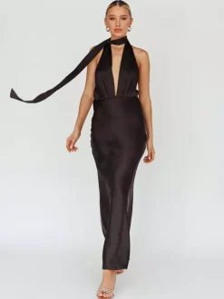 Robe longue dos nu en satin pour femme - Élégante robe sirène dos nu à décolleté plongeant et foulard - Invitée à un mariage d'été 2026