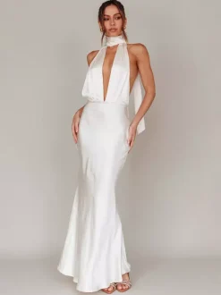 Robe longue dos nu en satin pour femme - Élégante robe sirène dos nu à décolleté plongeant et foulard - Invitée à un mariage d'été 2026