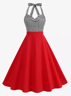 Robe longue dos nu rouge à carreaux vichy style vintage chic