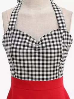 Robe longue dos nu rouge à carreaux vichy style vintage chic