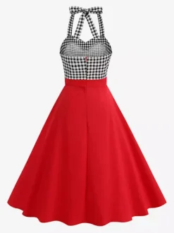 Robe longue dos nu rouge à carreaux vichy style vintage chic