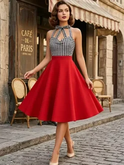 Robe longue dos nu rouge à carreaux vichy style vintage chic