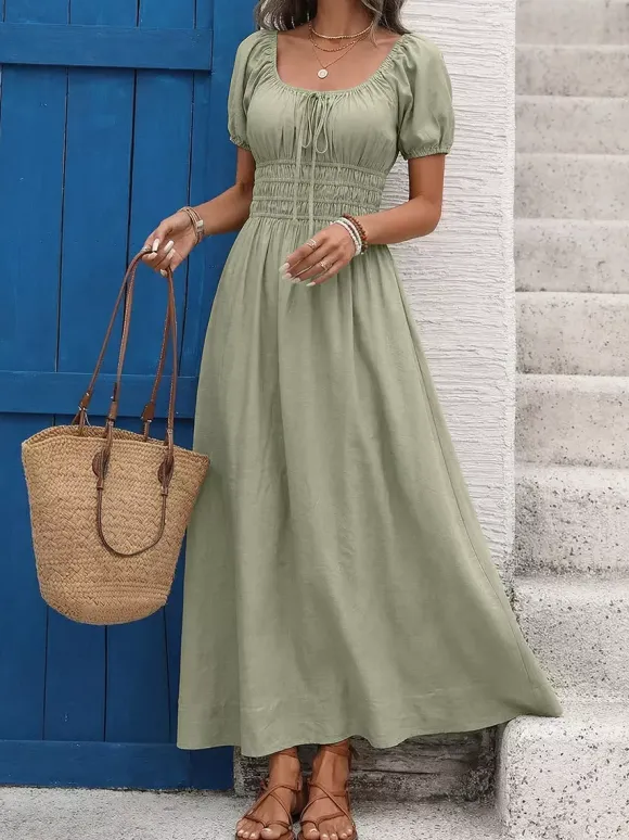 Robe longue d'été fluide et décontractée pour femme col carré manches bouffantes et taille smockée vert sauge