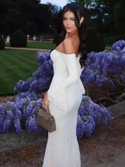 Robe longue en dentelle à épaules dénudées pour femme - Élégante robe sirène à manches longues et coupe trompette - Soirée formelle de printemps 2026