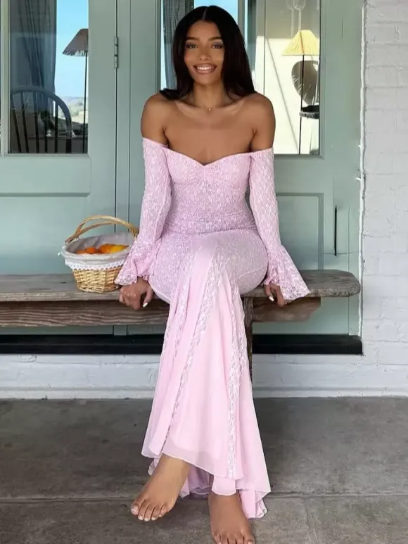 Robe longue en dentelle à épaules dénudées pour femme - Élégante robe sirène à manches longues et coupe trompette - Soirée formelle de printemps 2026