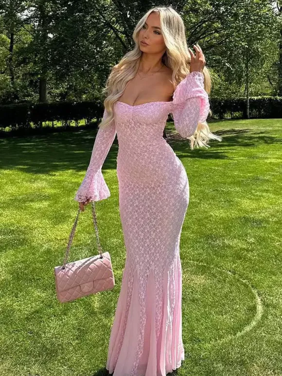 Robe longue en dentelle à épaules dénudées pour femme - Élégante robe sirène à manches longues et coupe trompette - Soirée formelle de printemps 2026