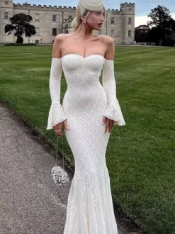 Robe longue en dentelle à épaules dénudées pour femme - Élégante robe sirène à manches longues et coupe trompette - Soirée formelle de printemps 2026