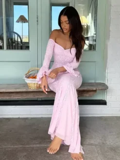 Robe longue en dentelle à épaules dénudées pour femme - Élégante robe sirène à manches longues et coupe trompette - Soirée formelle de printemps 2026