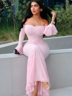 Robe longue en dentelle à épaules dénudées pour femme - Élégante robe sirène à manches longues et coupe trompette - Soirée formelle de printemps 2026