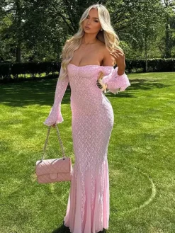 Robe longue en dentelle à épaules dénudées pour femme - Élégante robe sirène à manches longues et coupe trompette - Soirée formelle de printemps 2026