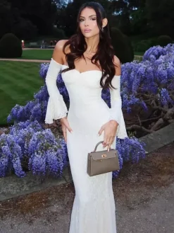 Robe longue en dentelle à épaules dénudées pour femme - Élégante robe sirène à manches longues et coupe trompette - Soirée formelle de printemps 2026