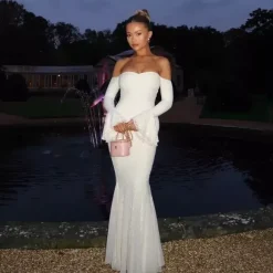 Robe longue en dentelle à épaules dénudées pour femme - Élégante robe sirène à manches longues et coupe trompette - Soirée formelle de printemps 2026