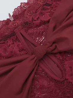 Robe longue en dentelle à épaules dénudées pour femme - Robe moulante rouge bordeaux à manches longues et fente - Soirée de printemps 2026