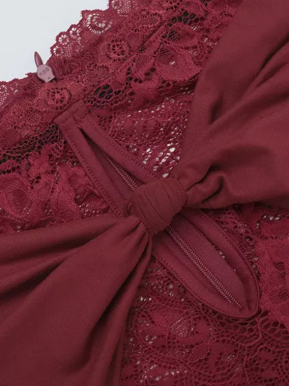 Robe longue en dentelle à épaules dénudées pour femme - Robe moulante rouge bordeaux à manches longues et fente - Soirée de printemps 2026