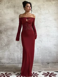 Robe longue en dentelle à épaules dénudées pour femme - Robe moulante rouge bordeaux à manches longues et fente - Soirée de printemps 2026