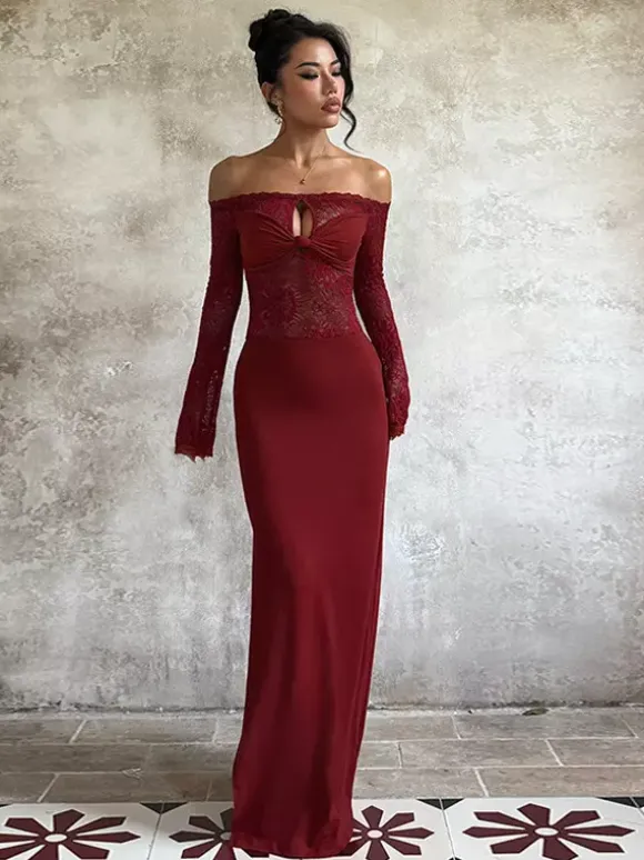 Robe longue en dentelle à épaules dénudées pour femme - Robe moulante rouge bordeaux à manches longues et fente - Soirée de printemps 2026