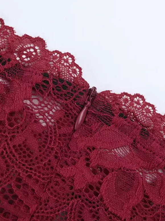 Robe longue en dentelle à épaules dénudées pour femme - Robe moulante rouge bordeaux à manches longues et fente - Soirée de printemps 2026
