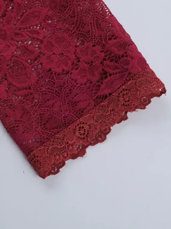 Robe longue en dentelle à épaules dénudées pour femme - Robe moulante rouge bordeaux à manches longues et fente - Soirée de printemps 2026
