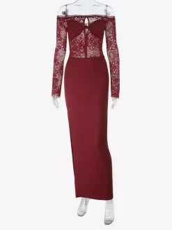 Robe longue en dentelle à épaules dénudées pour femme - Robe moulante rouge bordeaux à manches longues et fente - Soirée de printemps 2026