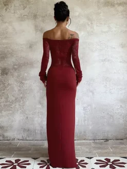 Robe longue en dentelle à épaules dénudées pour femme - Robe moulante rouge bordeaux à manches longues et fente - Soirée de printemps 2026