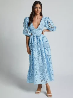 Robe longue en dentelle ajourée pour femme - Décolleté en V profond manches bouffantes coupe trapèze - Robe de bal - Invitée à un mariage d'été 2026