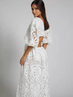 Robe longue en dentelle ajourée pour femme - Décolleté en V profond manches bouffantes coupe trapèze - Robe de bal - Invitée à un mariage d'été 2026
