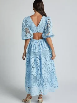 Robe longue en dentelle ajourée pour femme - Décolleté en V profond manches bouffantes coupe trapèze - Robe de bal - Invitée à un mariage d'été 2026