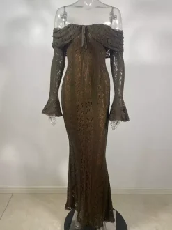 Robe longue en dentelle florale noire à épaules dénudées et manches longues en forme de cloche robe moulante sirène pour femmes 2026