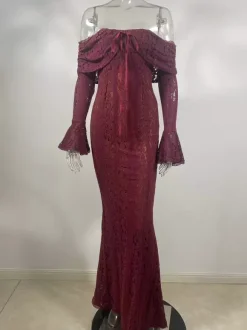 Robe longue en dentelle florale noire à épaules dénudées et manches longues en forme de cloche robe moulante sirène pour femmes 2026