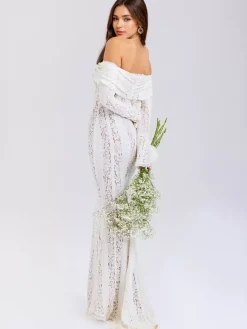Robe longue en dentelle florale noire à épaules dénudées et manches longues en forme de cloche robe moulante sirène pour femmes 2026