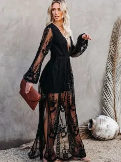 Robe longue en dentelle transparente pour femme - Robe bohème fendue col en V manches lanternes en résille - Mariage d'été à la plage 2026