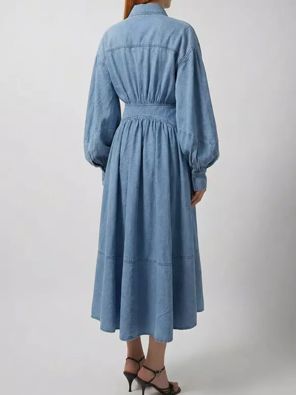 Robe longue en jean à manches lanternes pour femme - Délavage clair style western taille croisée - Collection printemps 2026
