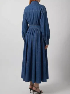 Robe longue en jean à manches lanternes pour femme - Délavage clair style western taille croisée - Collection printemps 2026