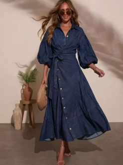 Robe longue en jean à manches lanternes pour femme - Délavage clair style western taille croisée - Collection printemps 2026