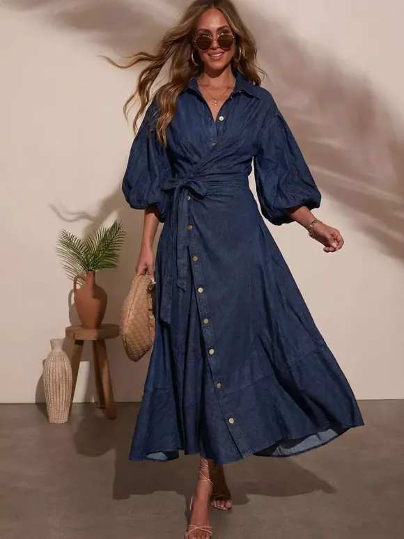 Robe longue en jean à manches lanternes pour femme - Délavage clair style western taille croisée - Collection printemps 2026