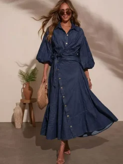 Robe longue en jean à manches lanternes pour femme - Délavage clair style western taille croisée - Collection printemps 2026