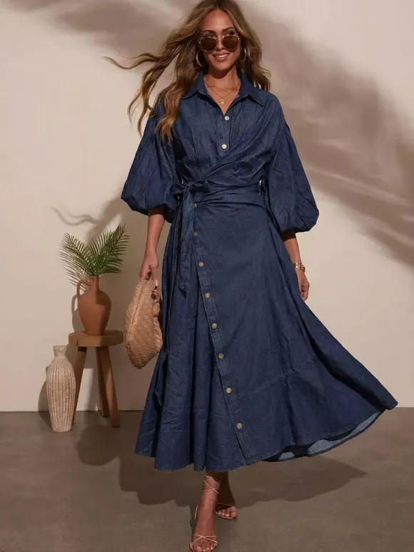 Robe longue en jean à manches lanternes pour femme - Délavage clair style western taille croisée - Collection printemps 2026