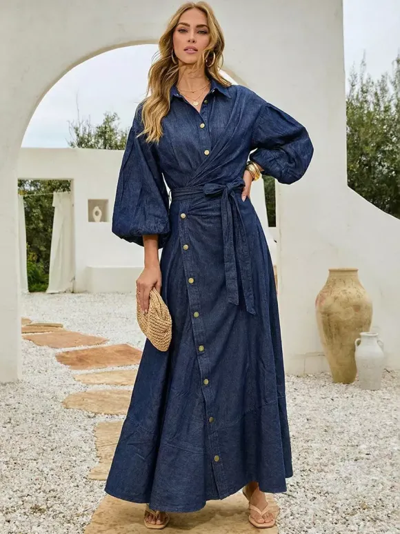 Robe longue en jean à manches lanternes pour femme - Délavage clair style western taille croisée - Collection printemps 2026