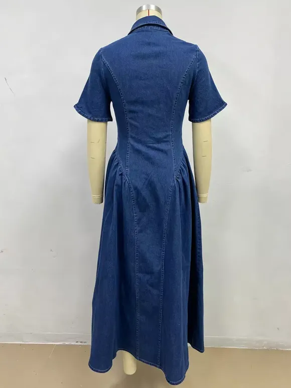 Robe longue en jean boutonnée sur le devant pour femme - Robe en jean bleu foncé style bohème coupe trapèze et manches courtes - Tenue décontractée d'été 2026