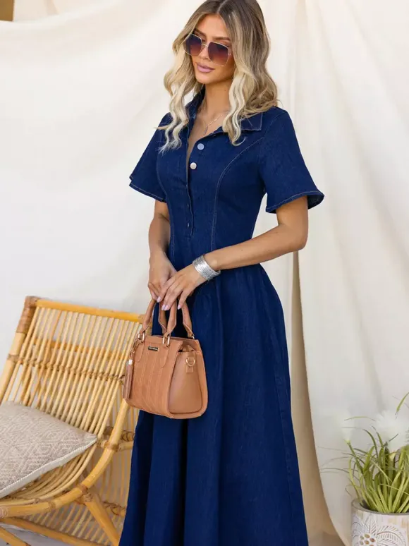 Robe longue en jean boutonnée sur le devant pour femme - Robe en jean bleu foncé style bohème coupe trapèze et manches courtes - Tenue décontractée d'été 2026