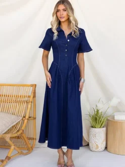 Robe longue en jean boutonnée sur le devant pour femme - Robe en jean bleu foncé style bohème coupe trapèze et manches courtes - Tenue décontractée d'été 2026