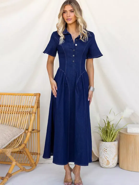 Robe longue en jean boutonnée sur le devant pour femme - Robe en jean bleu foncé style bohème coupe trapèze et manches courtes - Tenue décontractée d'été 2026