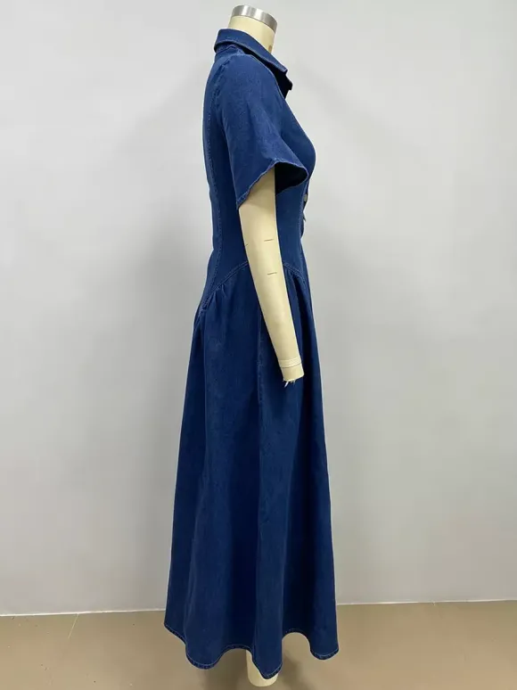 Robe longue en jean boutonnée sur le devant pour femme - Robe en jean bleu foncé style bohème coupe trapèze et manches courtes - Tenue décontractée d'été 2026