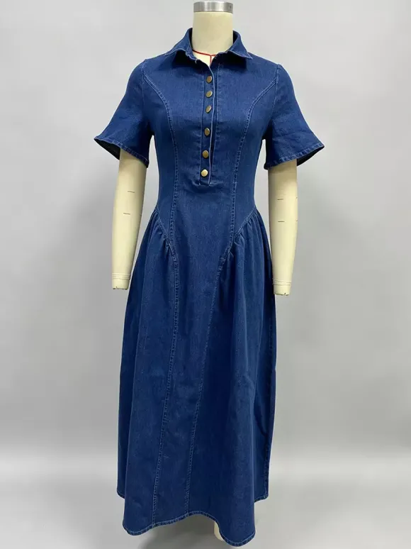 Robe longue en jean boutonnée sur le devant pour femme - Robe en jean bleu foncé style bohème coupe trapèze et manches courtes - Tenue décontractée d'été 2026