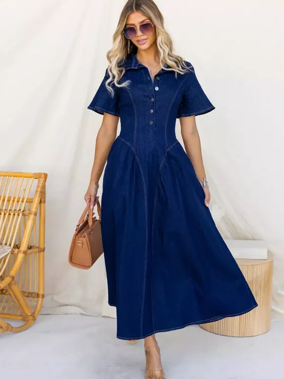 Robe longue en jean boutonnée sur le devant pour femme - Robe en jean bleu foncé style bohème coupe trapèze et manches courtes - Tenue décontractée d'été 2026
