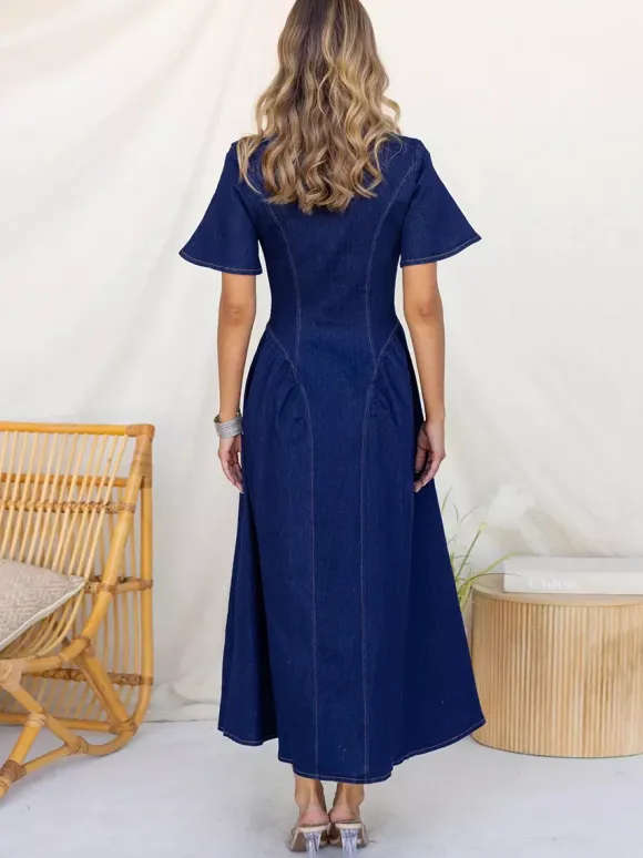 Robe longue en jean boutonnée sur le devant pour femme - Robe en jean bleu foncé style bohème coupe trapèze et manches courtes - Tenue décontractée d'été 2026